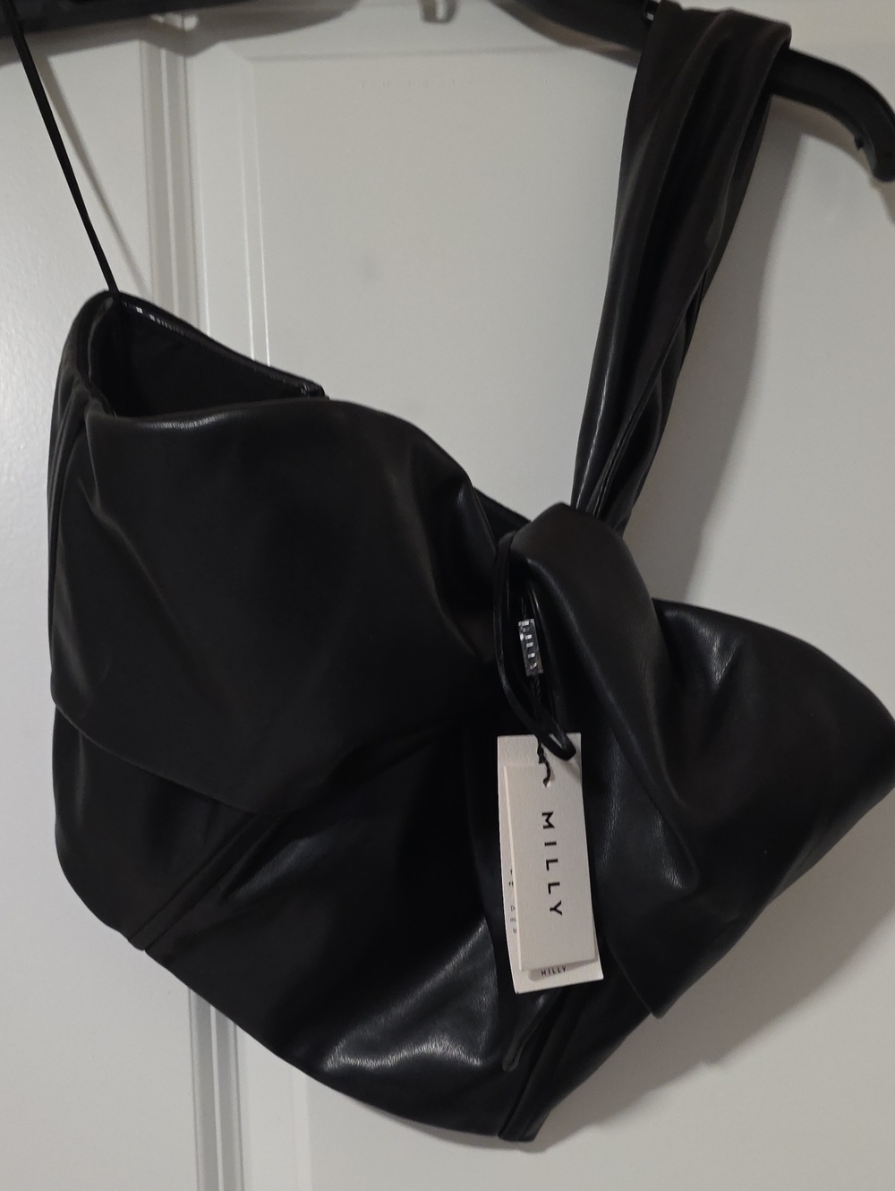 One-shoulder Milly Black Knotted Vegan Leather Top